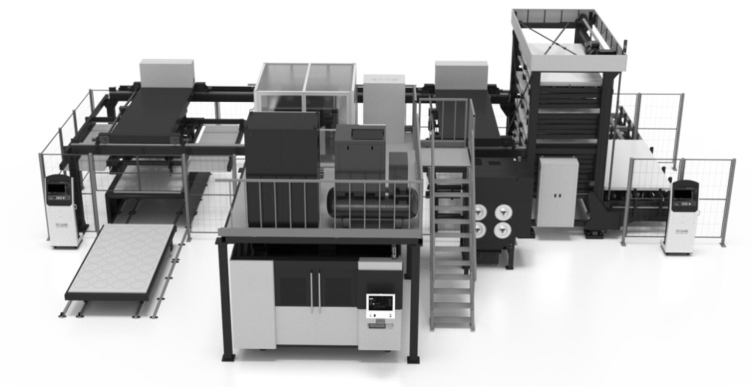 titan automation rendering with towers and shuttle tables for revolution x fiber laser
